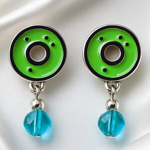 Women's Silver Green Circle Design & Blue Bead 1-in Drop Dangle Earrings Jewelry